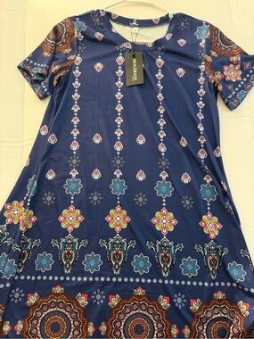 NWT medium Molerani summer dress blue w/print   Washable. Cute.